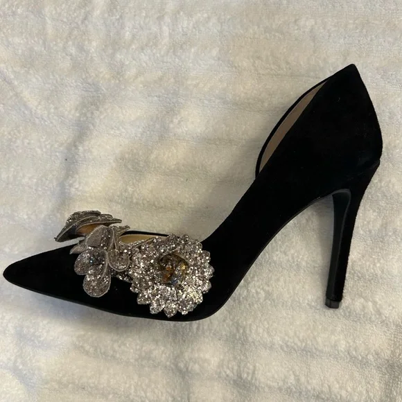 Jessica Simpson velvet like black heels embellished with silver flower details. - Picture 2 of 8